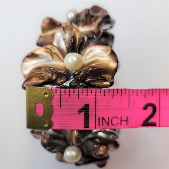 Dark Brown Cuff Bracelet with Pearls and Dyed Mother Of Pearl Shell Bangle -NEW - Picture 15 of 15